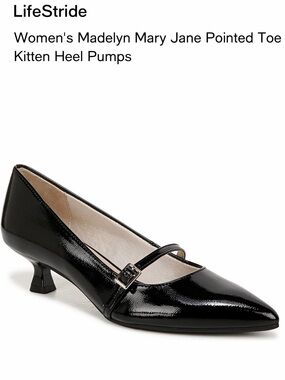 Life Stride “Madelyn” Black Patent Mary Jane Pointed Kitten Heel Pumps Size 7.5